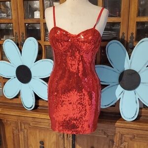 Red Sequin Bodycon Mini Dress - Women's Sparkle Party Dress